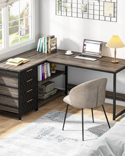 59-Inch L Shaped Desk with Drawers, Large Computer Desk with Storage Shelves, Reversible L-Shaped Corner Desk Workstation for Home Office - LeafyLoom