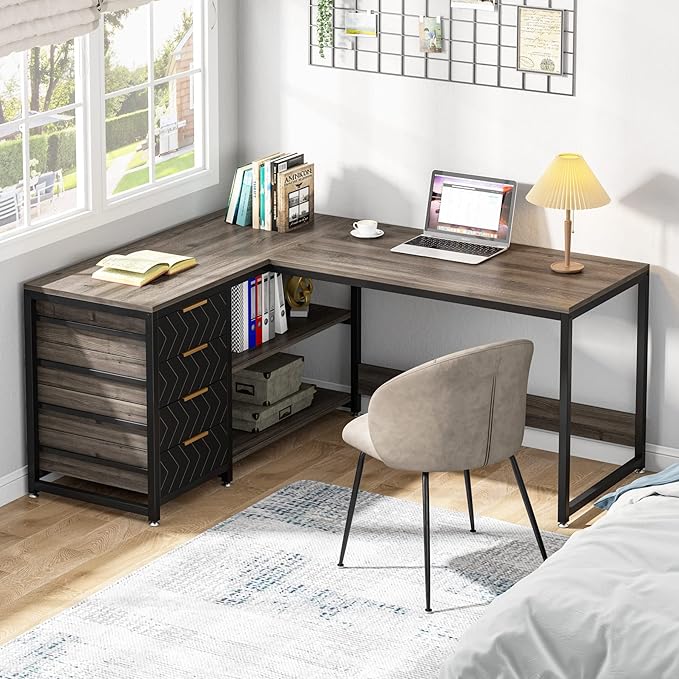 59-Inch L Shaped Desk with Drawers, Large Computer Desk with Storage Shelves, Reversible L-Shaped Corner Desk Workstation for Home Office - LeafyLoom