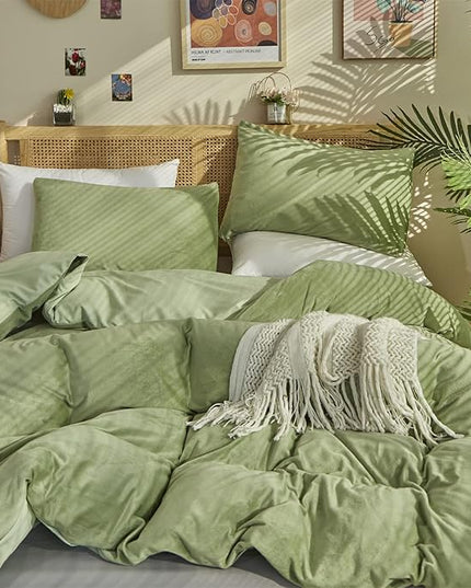 Sage Velvet Comforter Sets Solid Sage Green Flannel Bedding Set Cal King Women 3 Pieces Sage Green Velvet Blanket Winter Bedding Set Men Sage Green Flannel Bed Comforter Set Cal King Bedding - LeafyLoom