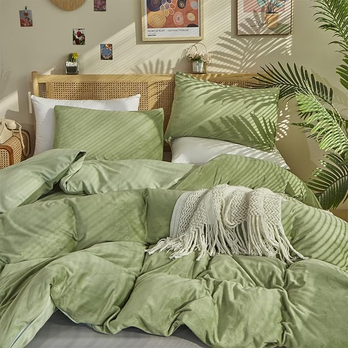Sage Velvet Comforter Sets Solid Sage Green Flannel Bedding Set Cal King Women 3 Pieces Sage Green Velvet Blanket Winter Bedding Set Men Sage Green Flannel Bed Comforter Set Cal King Bedding - LeafyLoom
