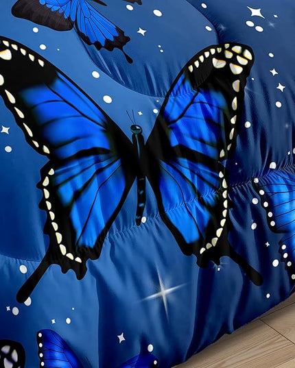 Blue Butterfly Comforter, Butterfly Bedding Set for Girls, Blue Butterflies with Sky Stars Prints Comforter Set for Women Girls Butterfly Bedding Twin Size Quilt Set, 1 Comforter + 1 Pillowcase - LeafyLoom