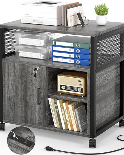 Unikito Rolling File Cabinet Lateral Office Filing Cabinets with Socket and USB Charging Port, Modern Printer Stand on Wheels Printer Cabinet with Door and Open Storage, Lockable, Black Oak - LeafyLoom