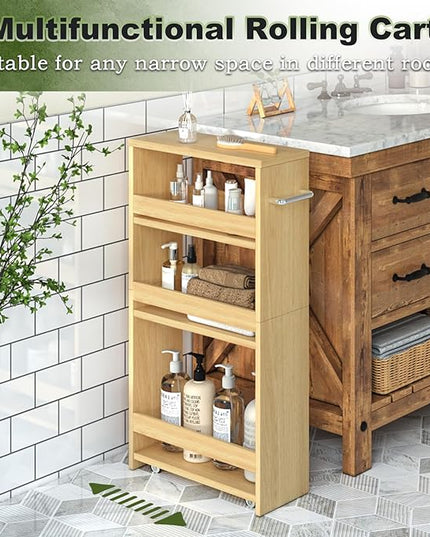 MARTY 4-Tier Rolling Storage Cart, Narrow Kitchen Cart with Wheels, Slim Storage Cart with Handle Slide Out Utility Cart Mobile Shelving Unit Laundry Bathroom Organizer (Maple) - LeafyLoom