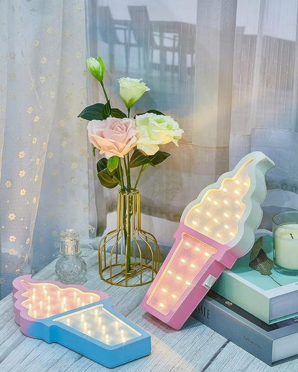 2 Pcs Ice Cream Valentine Romance Atmosphere Light Wooden Ice Cream LED Night Light Ice Cream Theme Valentine Romance Lamps Battery Operated LED Night Lights for Birthday Party Decor (Blue-Pink) - LeafyLoom