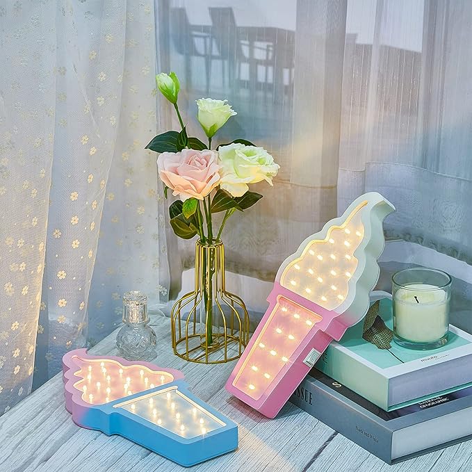 2 Pcs Ice Cream Valentine Romance Atmosphere Light Wooden Ice Cream LED Night Light Ice Cream Theme Valentine Romance Lamps Battery Operated LED Night Lights for Birthday Party Decor (Blue-Pink) - LeafyLoom