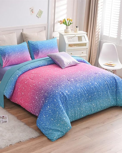 A Nice Night 6Pcs Gradient Glitter Bedding Set for Girls Full Size, Colorful Rainbow Galaxy Comforter Set, Ultra Soft Bedding Sets, Blue - LeafyLoom