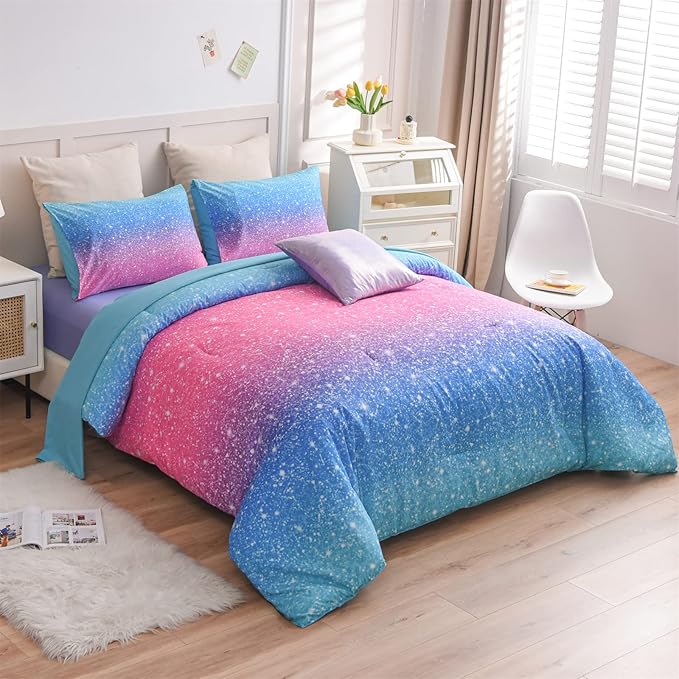 A Nice Night 6Pcs Gradient Glitter Bedding Set for Girls Twin Size, Colorful Rainbow Galaxy Comforter Set, Ultra Soft Bedding Sets, Blue - LeafyLoom