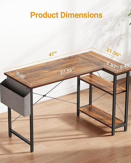 BANTI L Shaped Small Computer Desk with Storage Shelves, 47" Home Office Small Corner Desk Study Writing Table, Deep Brown - LeafyLoom