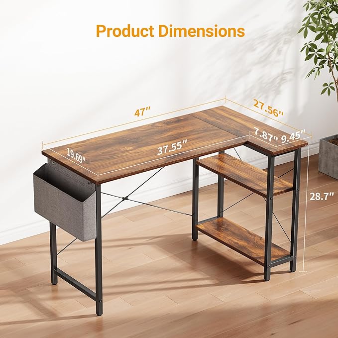 BANTI L Shaped Small Computer Desk with Storage Shelves, 47" Home Office Small Corner Desk Study Writing Table, Deep Brown - LeafyLoom