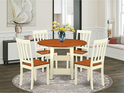 East West Furniture SUAN5-BMK-W 5 Piece Modern Dining Table Set Includes a Round Wooden Table with Dropleaf & Shelves and 4 Dining Room Chairs, 42x42 Inch, Buttermilk & Cherry - LeafyLoom