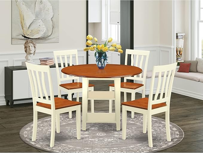 East West Furniture SUAN5-BMK-W 5 Piece Modern Dining Table Set Includes a Round Wooden Table with Dropleaf & Shelves and 4 Dining Room Chairs, 42x42 Inch, Buttermilk & Cherry - LeafyLoom