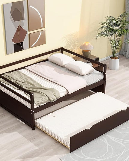 Twin Size Daybed with 2 Trundle,Multifunction Solid Wood Bed Frame,W/Wooden Slat Support,No Box Spring Needed,for Bedroom Apartment,Guest room,Espresso - LeafyLoom