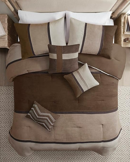 Madison Park Palisades Comforter Set Modern Faux Suede Pieced Stripe Design, All Season Down Alternative Cozy Bedding with Matching Shams, Decorative Pillows, Queen(90"x90"), Brown 7 Piece - LeafyLoom