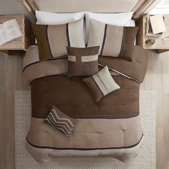 Madison Park Palisades Comforter Set Modern Faux Suede Pieced Stripe Design, All Season Down Alternative Cozy Bedding with Matching Shams, Decorative Pillows, Queen(90"x90"), Brown 7 Piece - LeafyLoom