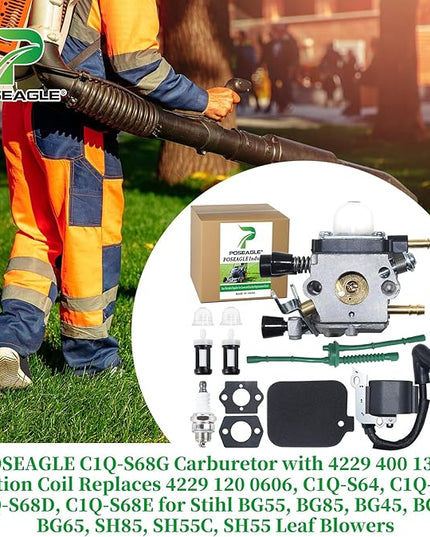 C1Q-S68G Carburetor with 4229 400 1300 Ignition Coil Replaces 4229 120 0606, C1Q-S64, C1Q-S68, C1Q-S68D, C1Q-S68E for Stihl BG55, BG85, BG45, BG46, BG65, SH85, SH55C, SH55 Leaf Blowers - LeafyLoom
