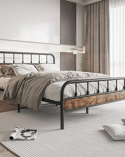 Black Queen Bed Frame with Wood Headboard,Metal Platform Bed Frames,No Box Spring Needed,Easy Assembly Rustic Brown - LeafyLoom