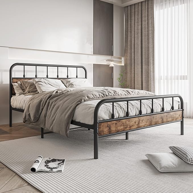 Black Queen Bed Frame with Wood Headboard,Metal Platform Bed Frames,No Box Spring Needed,Easy Assembly Rustic Brown - LeafyLoom