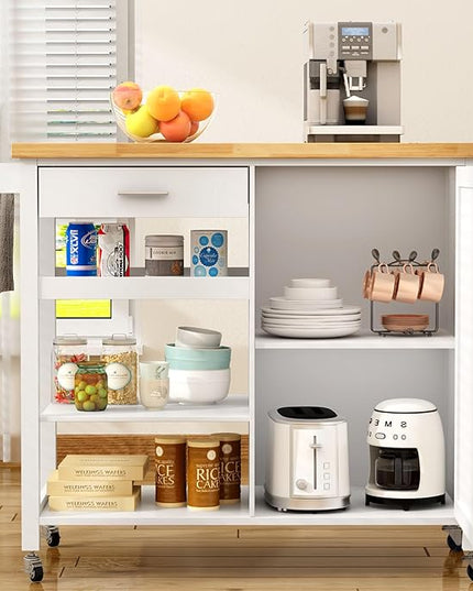 SogesGame Kitchen Island with Storage, Rolling Kitchen Island Cart on Wheels with Drawer, Mobile Kitchen Island with 1-Door Storage Cabinet and 3-Tier Shelves for Living Room, Wine Shelf, Towel Rack - LeafyLoom