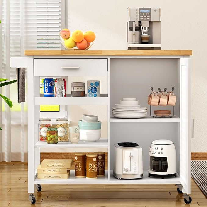 SogesGame Kitchen Island with Storage, Rolling Kitchen Island Cart on Wheels with Drawer, Mobile Kitchen Island with 1-Door Storage Cabinet and 3-Tier Shelves for Living Room, Wine Shelf, Towel Rack - LeafyLoom
