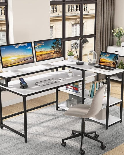 Reversible L Shaped Computer Desk with Storage Shelf, Industrial Corner Desk with Monitor Stand for Home Office - LeafyLoom