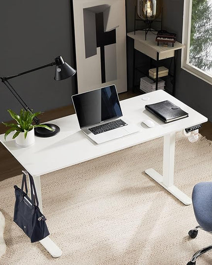 Sweetcrispy Electric Adjustable Height Standing Desk - 63 x 24 inch Sit to Stand Up Desk with Splice Board, Rising Home Office Computer Table with 2 Hook and Wire Hole for Work - LeafyLoom