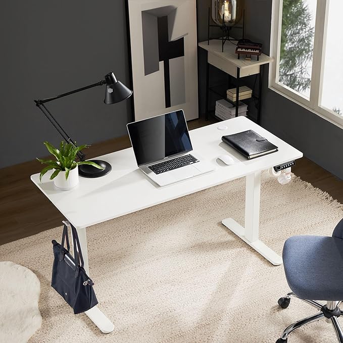 Sweetcrispy Electric Adjustable Height Standing Desk - 63 x 24 inch Sit to Stand Up Desk with Splice Board, Rising Home Office Computer Table with 2 Hook and Wire Hole for Work - LeafyLoom