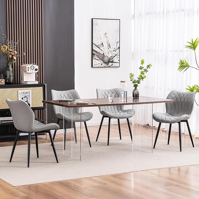 YOUNIKE Dining Chairs Set of 2, Upholstered Faux Leather Kitchen & Dining Room Chairs, Mid Century Modern Living Room Bedroom Side Chairs with Wide Wing Back and Adjustable Metal Legs, Grey - LeafyLoom
