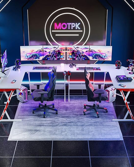 MOTPK White Gaming Desk L Shaped, Gamer Desk Gaming Table with Carbon Fiber Surface, Corner Computer Desk L Shape with Cup Holder & Headphone Hook, 51 Inch - LeafyLoom