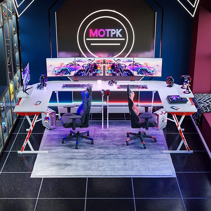 MOTPK White Gaming Desk L Shaped, Gamer Desk Gaming Table with Carbon Fiber Surface, Corner Computer Desk L Shape with Cup Holder & Headphone Hook, 51 Inch - LeafyLoom
