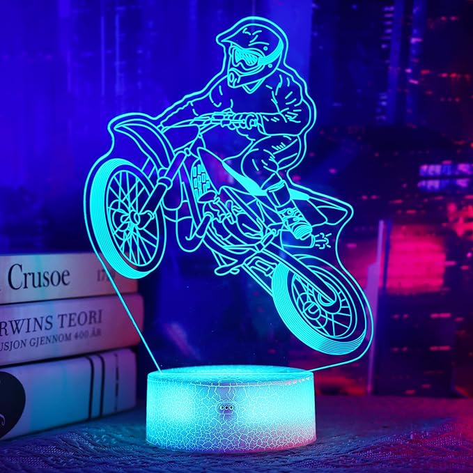 Dirt Bike Night Light, Dirt Bike Gift, 3D Illusion Lamp, 3D Dirt Bike Night Light with Remote and Touch Control, Dirt Bike Decor for Kids Room, Girls Birthday Gifts - LeafyLoom