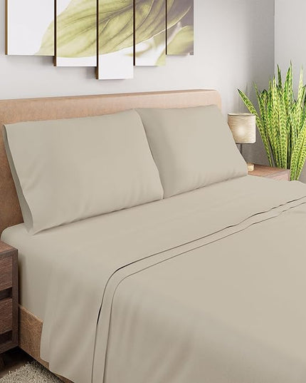 Purity Home Organic 100% Cotton King Size Sheets Set Beige, Percale Weave King Bedding Set, Crisp, Cooling & Breathable Beige Bed Sheets King Size, Fits Mattress Upto 16" Deep Pocket - LeafyLoom