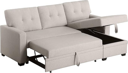 L Shaped Pull Out Sectional Sofa with Storage Chaise, 82 Inch Linen Upholstered Reversible Couch Sleeper Bed, for Living Room, Apartment and Office, Beige, 82 - LeafyLoom