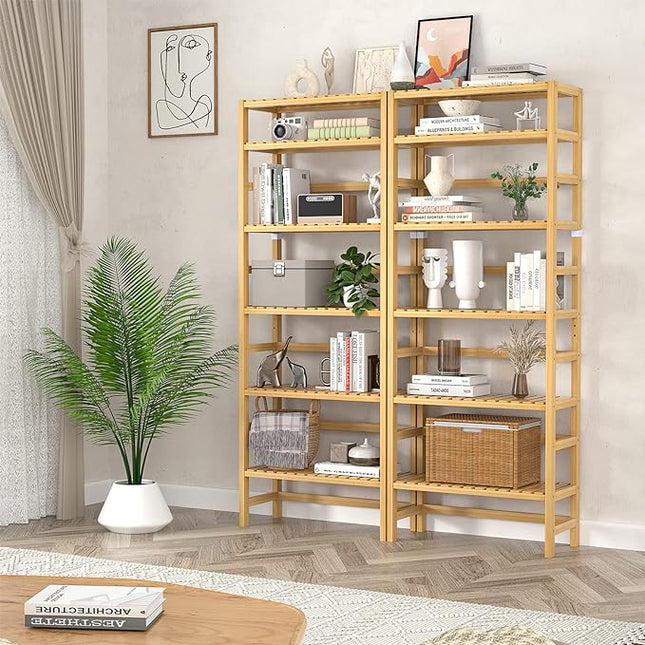 Homykic Bookshelf, 6-Tier Bamboo Adjustable 63.4” Tall Bookcase Book Shelf Organizer, Free Standing Storage Shelving Unit for Living Room, Kitchen, Bedroom, Bathroom, Office, Rust Resistance, Natural - LeafyLoom
