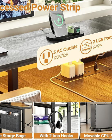 Unikito L Shaped Desk with File Drawer, Reversible L Shaped Computer Desk with Power Outlet & LED Lights, Home Office Desk Corner Desk with Monitor Shelf and Printer Cabinet, Gaming Desk, Black Oak - LeafyLoom