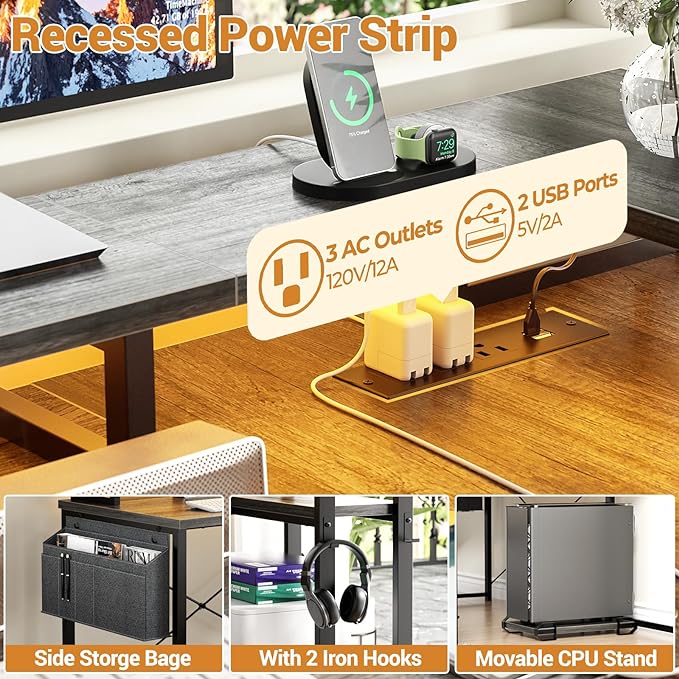 Unikito L Shaped Desk with File Drawer, Reversible L Shaped Computer Desk with Power Outlet & LED Lights, Home Office Desk Corner Desk with Monitor Shelf and Printer Cabinet, Gaming Desk, Black Oak - LeafyLoom