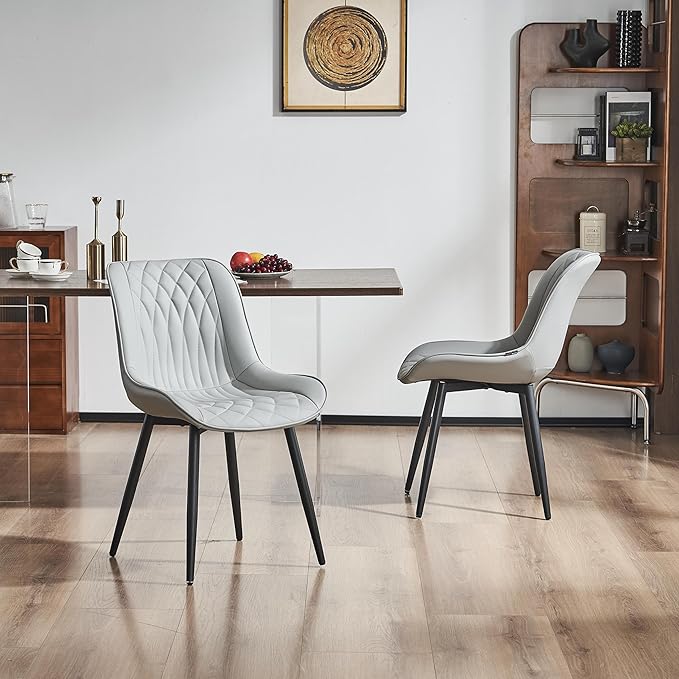 YOUNIKE Grey Dining Chairs set of 2 with High Backs Mid Century Modern Kitchen & Dining Room Chairs PU Faux Leather Upholstered sillas de comedor Comfortable Large Padded Accent Chairs with Metal Legs - LeafyLoom