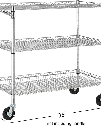 Finnhomy 3 Tier Heavy Duty Commercial Grade Utility Cart, Wire Rolling Cart with Handle Bar, Steel Service Cart with Wheels, Kitchen Carts on Wheels, Metal Cart Shelf Size 18" D x 36" W, NSF, Chrome - LeafyLoom