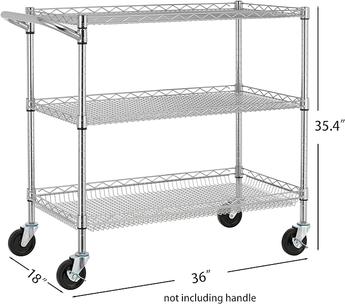 Finnhomy 3 Tier Heavy Duty Commercial Grade Utility Cart, Wire Rolling Cart with Handle Bar, Steel Service Cart with Wheels, Kitchen Carts on Wheels, Metal Cart Shelf Size 18" D x 36" W, NSF, Chrome - LeafyLoom