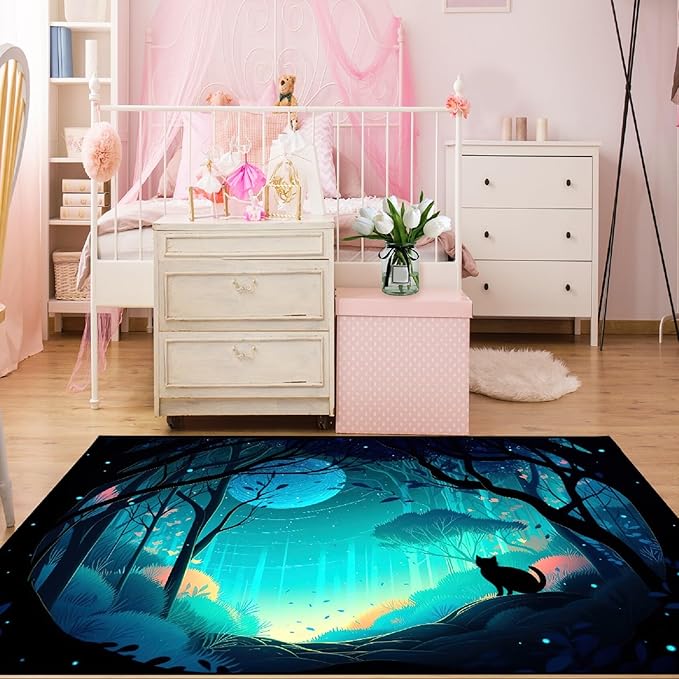 Cat Rug - Magic Black Cat Rug for Home Decor Moon Black Cat Rug for Boys Room Cat Door Mats Outdoor Entrance Forestscape Cat Rug, 2x3 Feet - LeafyLoom