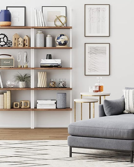 Nathan James Theo 5-Shelf Wood Modern Bookcase, Open Wall Mount Ladder Bookshelf with Industrial Metal Frame, Light Brown Oak/White - LeafyLoom