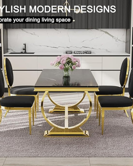 ACEDÉCOR Black and Gold Dining Chairs Set of 6, Black Velvet Upholstered Dining Room Chair with Polished Gold X Shaped Legs, Oval Back Dining Chairs for Kitchen, Dining Room, Living Room,Department - LeafyLoom