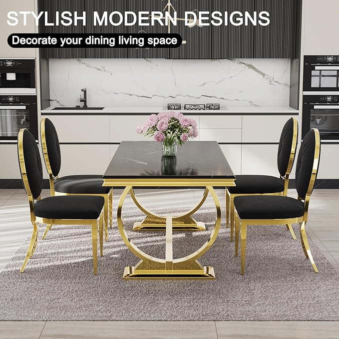 ACEDÉCOR Black and Gold Dining Chairs Set of 6, Black Velvet Upholstered Dining Room Chair with Polished Gold X Shaped Legs, Oval Back Dining Chairs for Kitchen, Dining Room, Living Room,Department - LeafyLoom