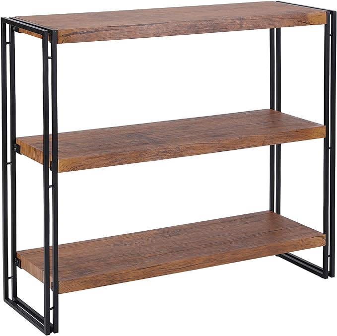 3 Tier Bookshelf Rustic Industrial Bookshelf Wood and Metal, Brown - LeafyLoom