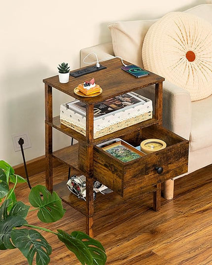 Lerliuo Nightstand Set of 2 with Charging Station and USB Ports, 3-Tier Storage End Table with Drawer Shelf, Night Stand for Small Spaces, Wood Bedside Table for Living Room, Bedroom-Brown - LeafyLoom