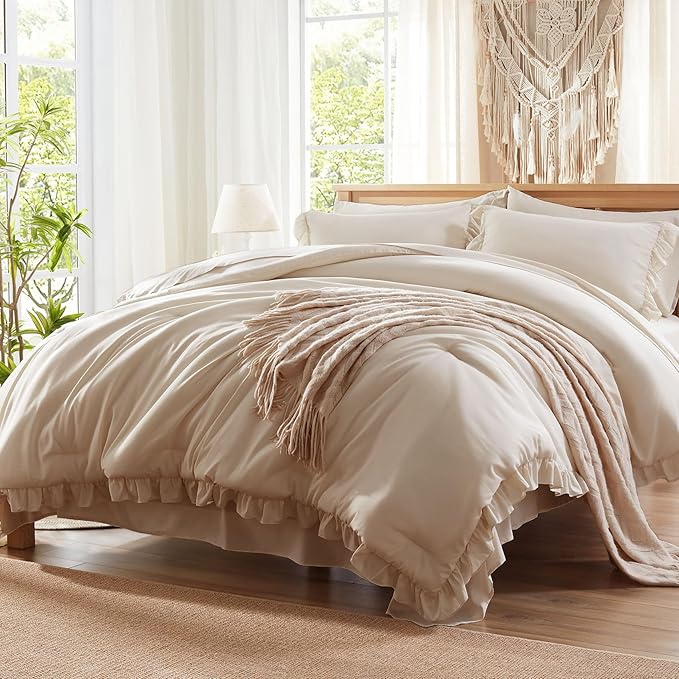 Anluoer King Comforter Set 7 Piece, Oatmeal Bed in a Bag with Sheets, All Season Ruffle Shabby Chic Bedding Sets with 1 Comforter, 2 Pillow Shams, 2 Pillowcases, 1 Flat Sheet, 1 Fitted Sheet - LeafyLoom