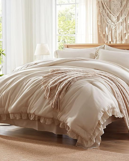 Anluoer Queen Comforter Set 7 Piece, Oatmeal Bed in a Bag with Sheets, All Season Ruffle Shabby Chic Bedding Sets with 1 Comforter, 2 Pillow Shams, 2 Pillowcases, 1 Flat Sheet, 1 Fitted Sheet - LeafyLoom