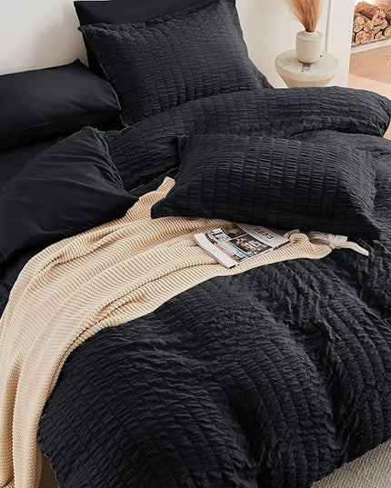 HYMOKEGE Seersucker Comforter Set Full Size 3 Pieces, Lightweight Comforter Sets for Bedding, Bed Set with 1 All Season Soft Down Alternative Comforter and 2 Pillow Shams, Black - LeafyLoom