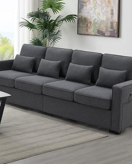Modern Linen Fabric Sectional Sofa with Armrest Pockets and 4 Pillows, Deep Thick Cushion, Minimalist Upholstered 4-Seat Comfy Couch for Living Room, Apartment, Office, 104inch, Dark Grey - LeafyLoom