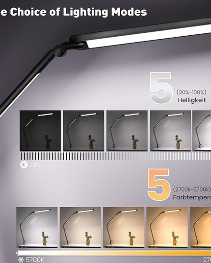 LED Desk Lamp with Clamp, Desk Light, Adjustable Brightness & Color Temperature, Modern Architect Clip on Lamp with Memory & Timer Function, Clamp Light for Study, Work, Home, Office, 15W - LeafyLoom