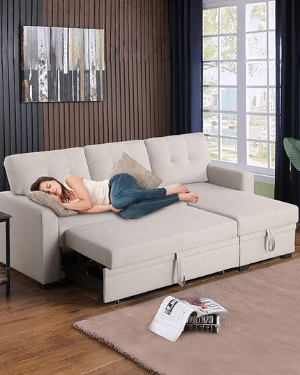 L Shape Sleeper Sofa Bed with Storage, Large Full Size Pull Out Sectional Couch, Futon Chaise Lounge Recliner for Living Room, Apartment, Bedroom, Office, Beige - LeafyLoom